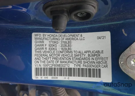 2021 Honda Civic Sport from USA, damaged, VIN 19XFC2F80ME002712